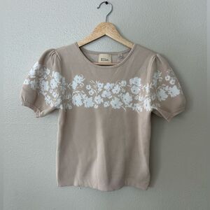 Elie Tahari Cream White Floral Puff Sleeve Short Sleeve Soft Knit Sweater Size S